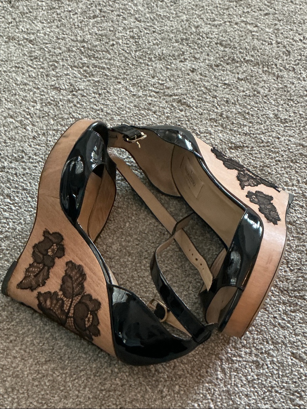 Valentino Black Patent Peep-Toe Ankle-Strap Platform Heels - Picture 3 of 7